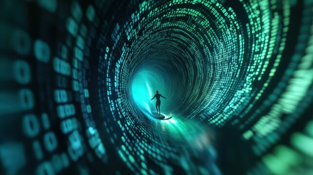 A surreal scene of a person surfing through a glowing digital tunnel, surrounded by streams of binary code and vibrant light.