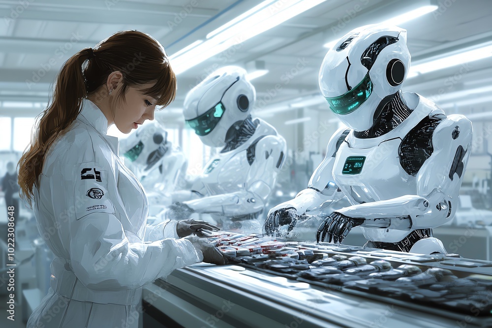 Poster Watercolor scene of a futuristic factory where robots and humans collaborate, with soft washes of color highlighting the technological advancements in tomorrowâ€™s workforce