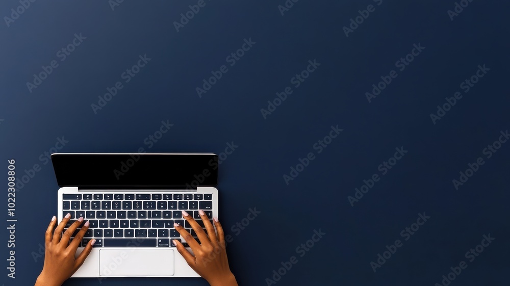 Poster a top view of hands typing on a laptop with a dark background, symbolizing productivity and remote w
