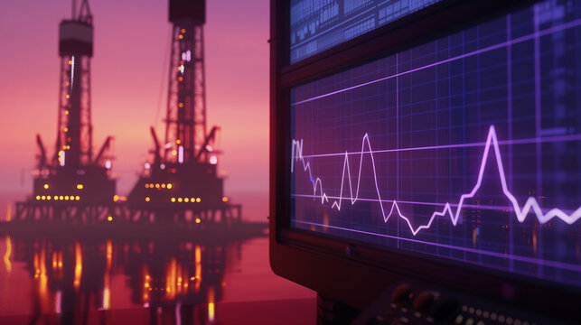 Close-up of digital screen showing oil price graph with rising lines, symbolizing market fluctuations and economic trends in the energy sector