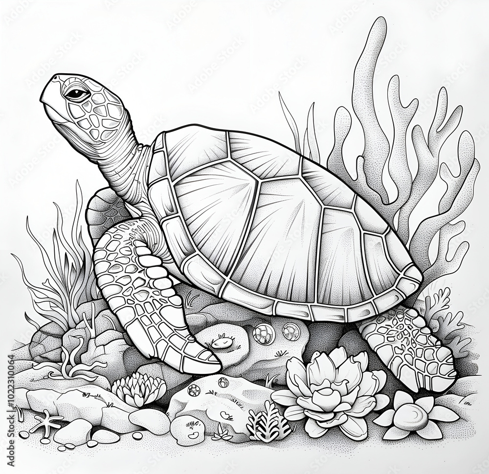 Fototapete sea turtle coloring page, a simple line art drawing of the head and body in side view, with the legs