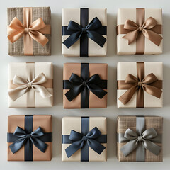  set of gift boxes with different colors and textures, arranged in rows on a white background. The boxes have various types of ribbons tied around them