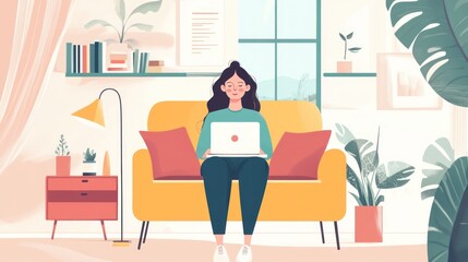 Woman Working on Laptop in Cozy Living Room