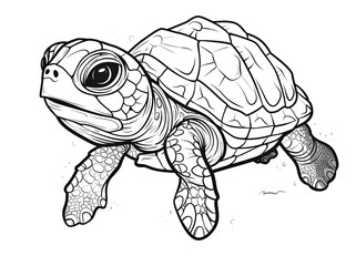 Fototapeta premium sea turtle coloring page, a simple line art drawing of the head and body in side view, with the legs and shell in more detail, and some rocks and plants on the bottom, against a white background
