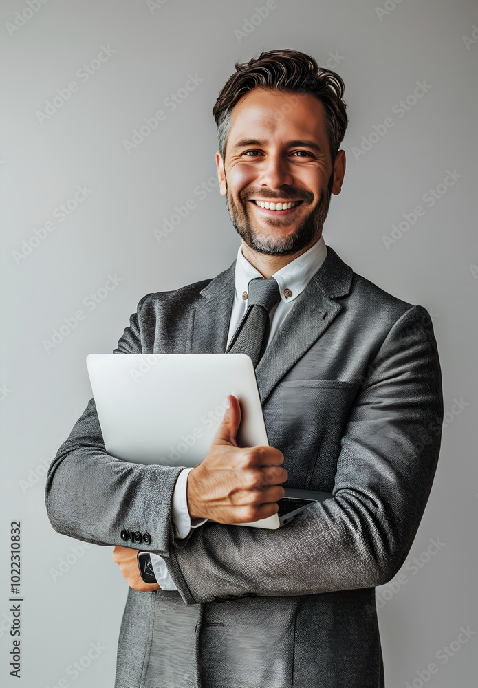 Wall mural portrait of a handsome businessman showing a thumbs-up gesture and holding a laptop on a white backg