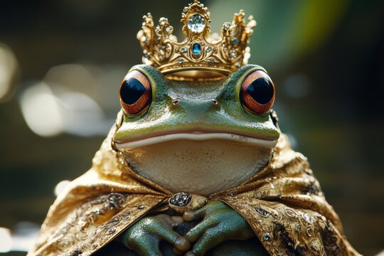 A whimsical frog dressed as a prince with a golden crown and royal cloak sits gracefully among lush greenery in a fantasy setting