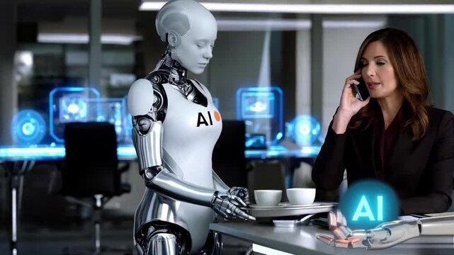Mujer de negocios hablando desde su m&oacute;vil en oficina futurista. Su robot asistente con Intelegencia Artificial integrada le sirve su caf&eacute;. Una mano robotica con la sigla AI en movimiento aparece.