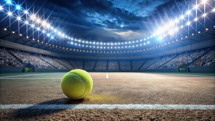 Tennis ball on a Tennis court in a stadium illuminated by floodlights, tennis, ball, court, stadium, night, floodlights