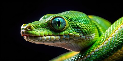 Fototapeta premium Close-up of a snake with green eyes on a black background, snake, reptile, close-up, detail, green eyes, black background