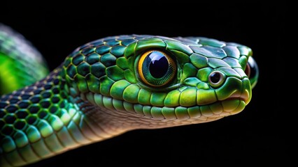 Close-up of a snake with green eyes on a black background, snake, reptile, creepy, close-up, scales, slithering, menacing