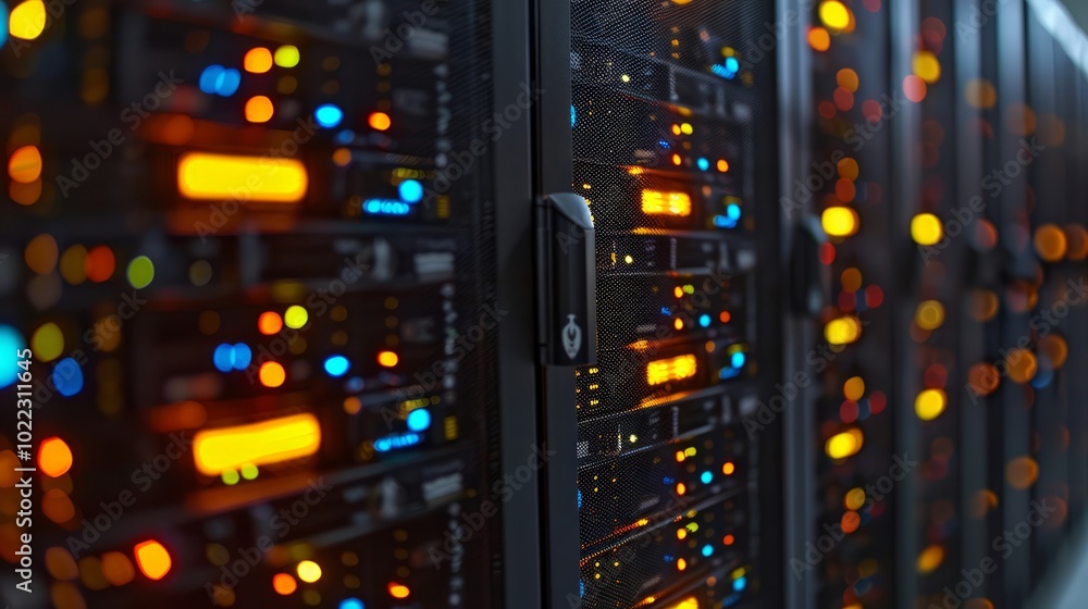 Poster organized data center with illuminated server racks