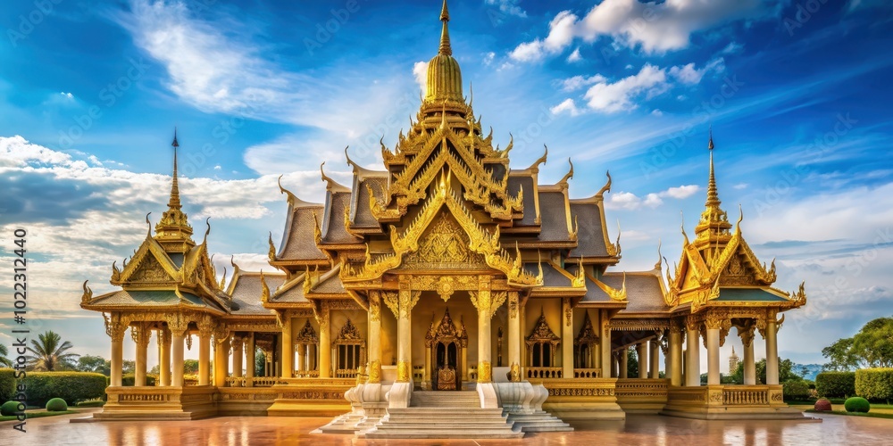 Wall mural temple in bangkok, thailand with intricate golden architecture and ornate decorations, buddhism, rel