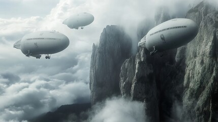 Fototapeta premium Airships Soaring Through Misty Mountains: A Surreal Landscape