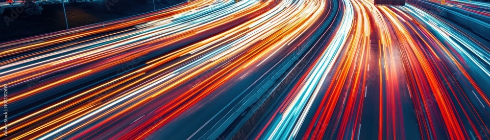 Poster abstract light trails from fast-moving vehicles create a vibrant display of color and motion on a bu