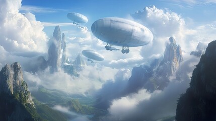 Naklejka premium Airships Soaring Over Fantasy Mountains
