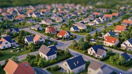 Aerial view of a modern suburban neighborhood showcasing houses, greenery, and winding roads under a clear blue sky.
