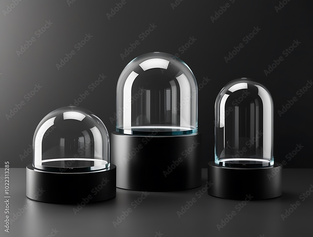 Wall mural isolated on a dark background, glass cube box, pyramid, cylinder, sphere, or dome resting on a black