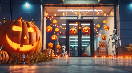 Obraz premium Halloween Entrance to Office Building with Decorations
