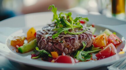 cultured meat food, a lab-grown burger patty served on a gourmet plate with fresh greens and artisan bread, promoting sustainable meat alternatives, futuristic food presentation