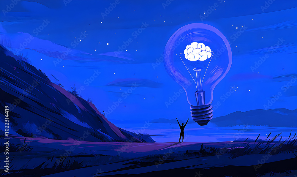 Wall mural A lone figure stands before a giant lightbulb with a brain inside, representing the power of knowledge and imagination.