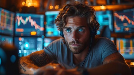 Obraz premium Showcase precision and focus of a day trader analyzing market data on multiple monitors in a dimly lit home office