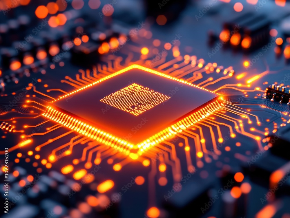 Poster close-up of a glowing microprocessor on a circuit board, showcasing intricate details and modern tec
