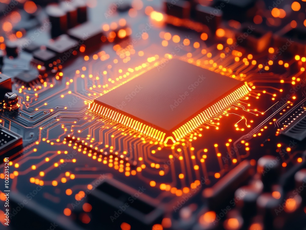 Poster close-up of a glowing microchip on a circuit board, showcasing intricate details and vibrant electro