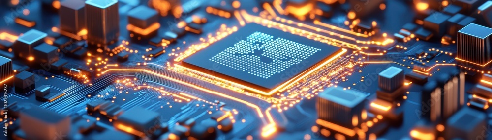 Poster close-up of a high-tech microchip on a circuit board with glowing connections, representing advanced