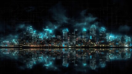 A city skyline is reflected in the water