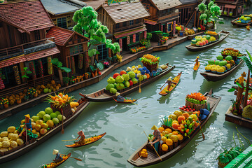 ダムナンサドゥアクの水上マーケット（ペーパークラフト）