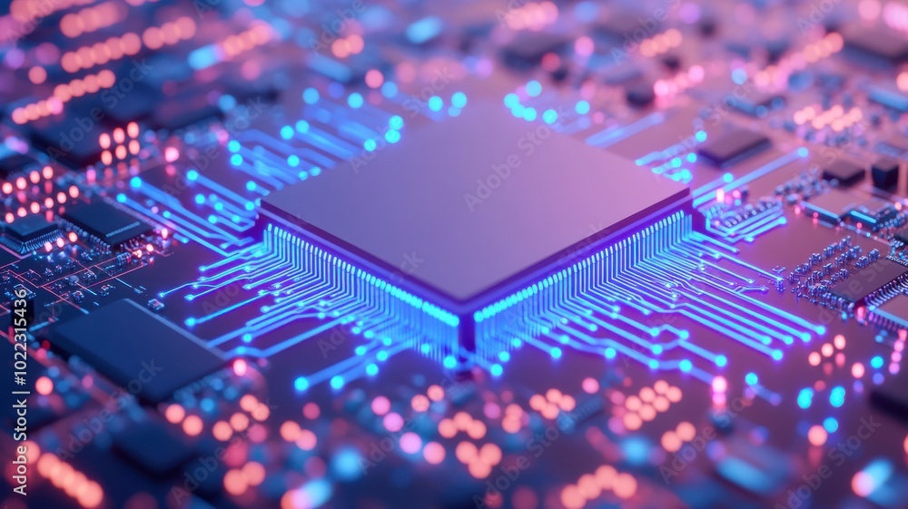 Poster close-up view of a glowing microprocessor on a circuit board, showcasing intricate details and vibra