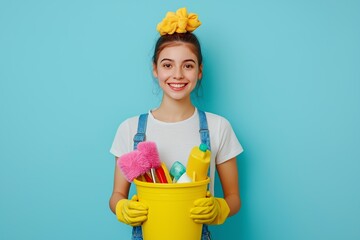 Young housemaid in her 20s smiling while holding a bucket of cleaning supplies against a blue background
