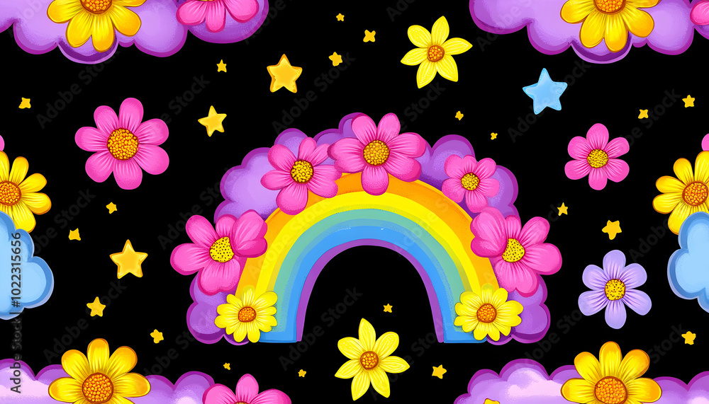 Poster A seamless pattern with a rainbow, clouds, stars and flowers on a black background.