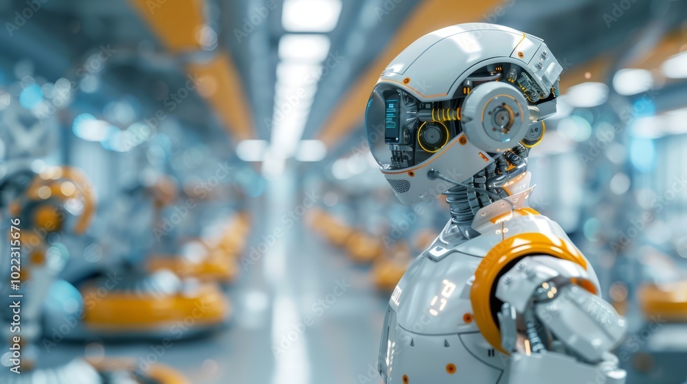 Poster futuristic robot in automated environment