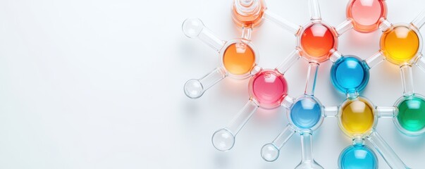 Colorful laboratory molecules with liquid in flasks on a light background, representing scientific research and chemistry innovation.