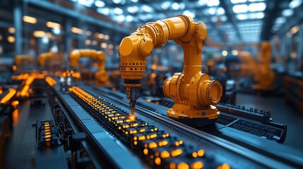 Fototapeta premium Industrial robotic arm assembling components in a factory setting.