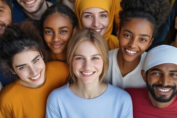 Obraz premium Diverse group of smiling individuals representing various backgrounds, showcasing community and unity among friends in a vibrant setting