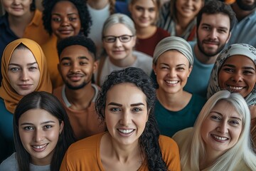 Obraz premium Diverse group of individuals from various backgrounds smiling together in a brightly lit indoor setting during a community gathering
