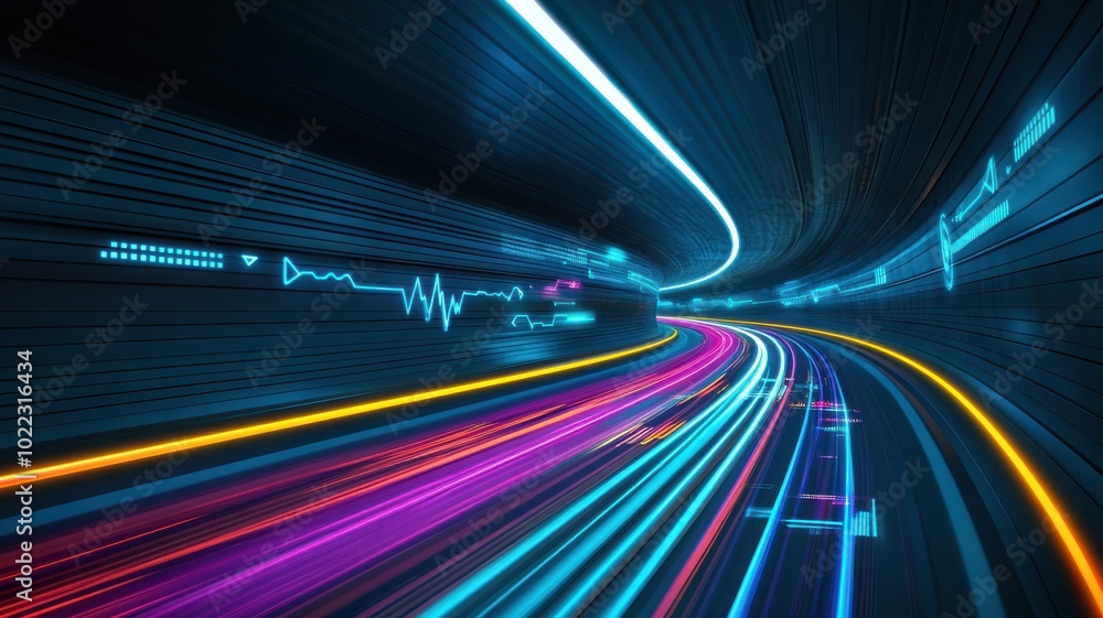 Poster dynamic light trails create a vibrant motion effect, evoking speed and energy in a futuristic tunnel