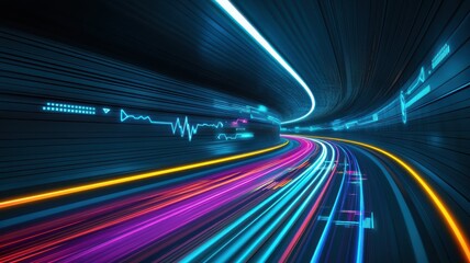 Dynamic light trails create a vibrant motion effect, evoking speed and energy in a futuristic tunnel environment.