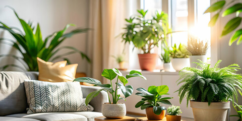 Softly Lit Indoor Plants in Cozy Living Room: Captivating Static Shot Highlighting Freshness and Tranquility of Indoor Greenery for Photo Stock Concept