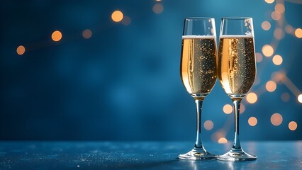 Two glasses of champagne with bubbles on a festive blue background featuring golden lights, creating a celebratory and elegant atmosphere for Christmas and New Year's festivities