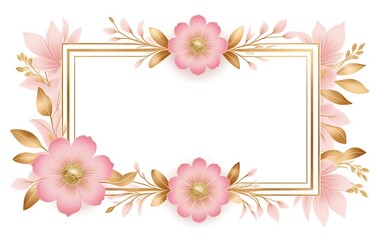 Fototapeta premium Elegant floral frame, 3D paper craft, delicate pink flowers, golden leaves, white background,