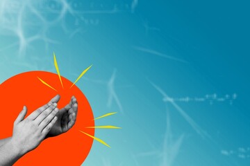Applause, art collage, hands applauding on color background.