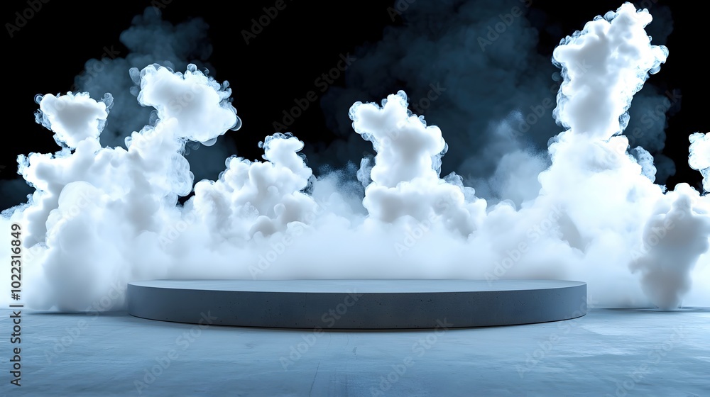 Poster a misty stage is surrounded by dramatic cloud-like formations, creating a moody atmosphere perfect f