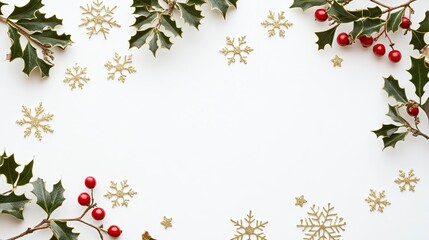 Elegant white card with gold foil snowflakes bordering the edges, leaving a clean center for text. A sprig of holly in the corner adds a festive touch.