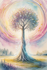 A mysterious towering tree with pastel colors