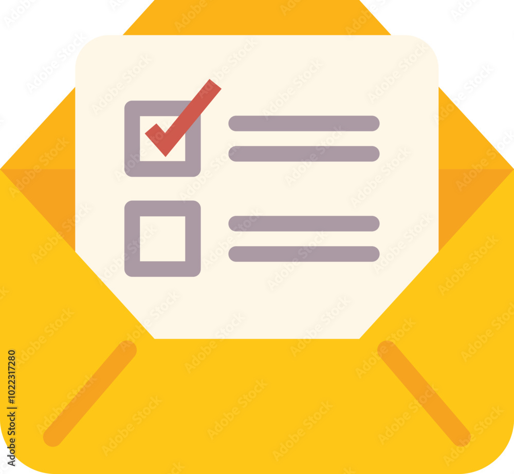 Poster yellow open envelope with a checklist inside is shown, suggesting the successful completion of an im