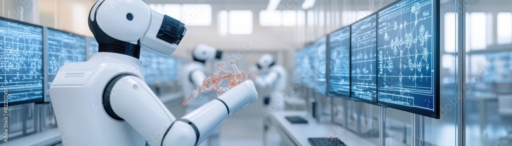 Poster futuristic robot interacting with advanced technology in a high-tech environment, showcasing innovat