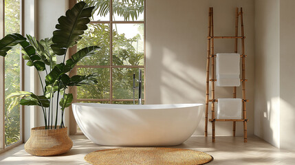 Fototapeta premium Japandi interior design bathroom with stone tiles and soft wooden accents